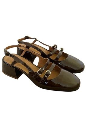 Sezane Paula Babies Slingback Heels in Patent Olive Green FR 36